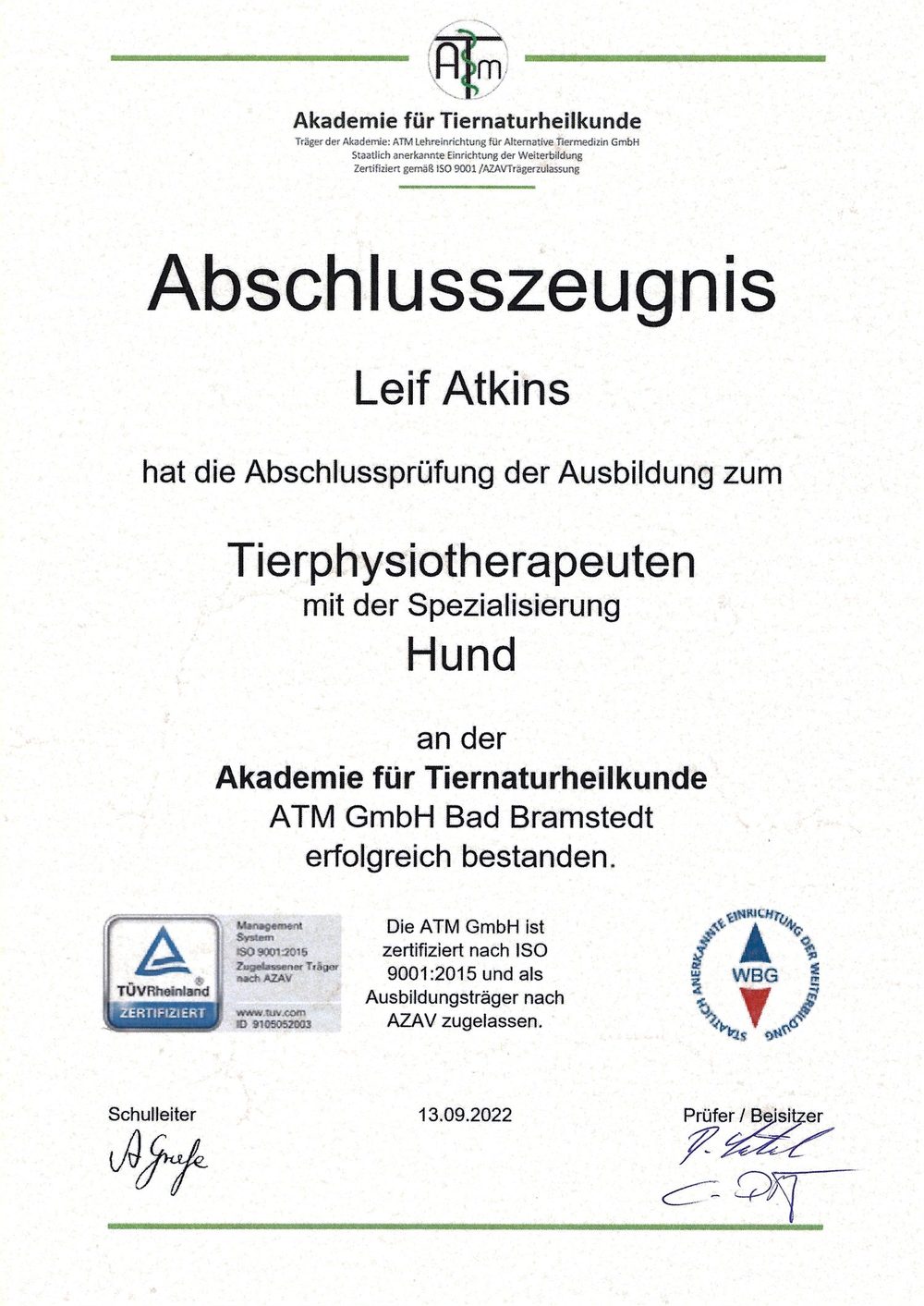 Abschlusszeugnis Tierphysiotherapeut – Spezialisierung Hund (ATM Bad Bramstedt)