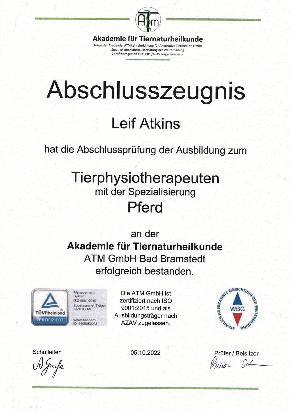 Abschlusszeugnis Tierphysiotherapeut – Spezialisierung Pferd (ATM Bad Bramstedt)